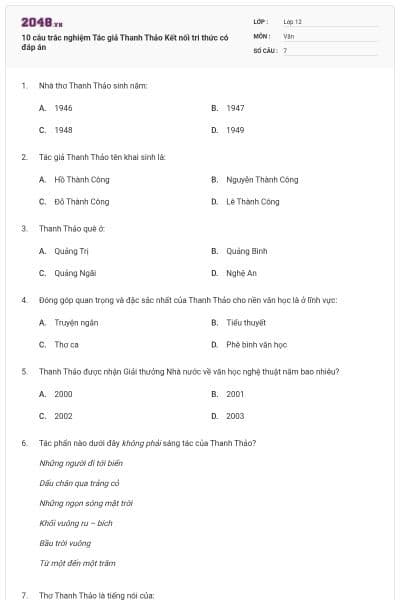 10 câu trắc nghiệm Tác giả Thanh Thảo Kết nối tri thức có đáp án
