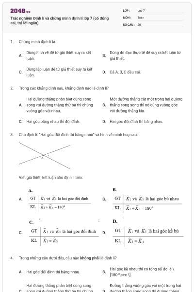 Trắc nghiệm Định lí và chứng minh định lí lớp 7 (có đúng sai, trả lời ngắn)