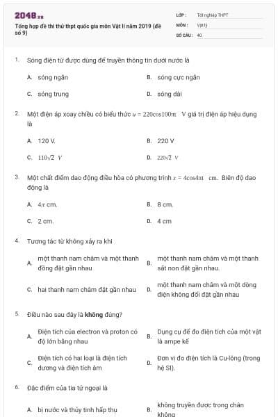 Tổng hợp đề thi thử thpt quốc gia môn Vật lí năm 2019 (đề số 9)