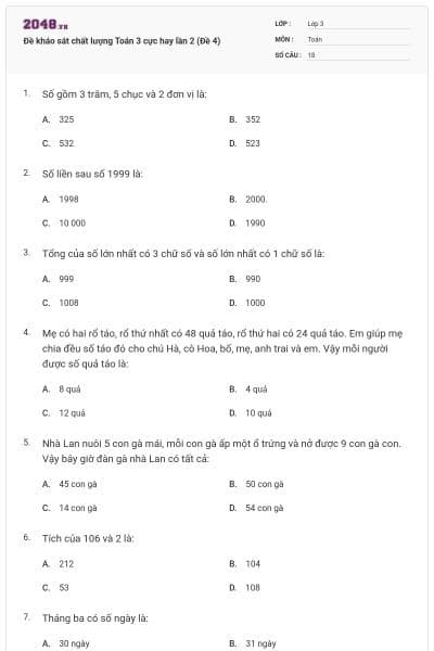 Đề kháo sát chất lượng Toán 3 cực hay lần 2 (Đề 4)