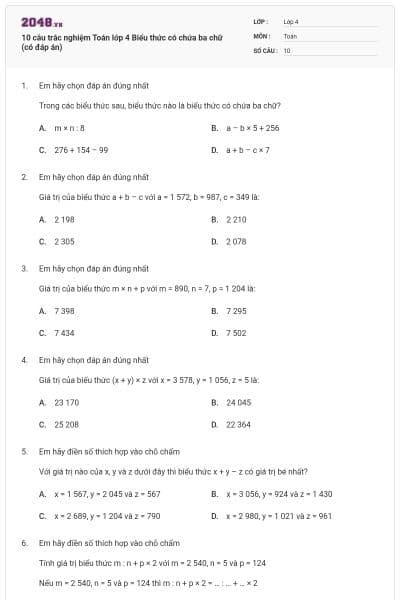 10 câu trắc nghiệm Toán lớp 4 Biểu thức có chứa ba chữ (có đáp án)