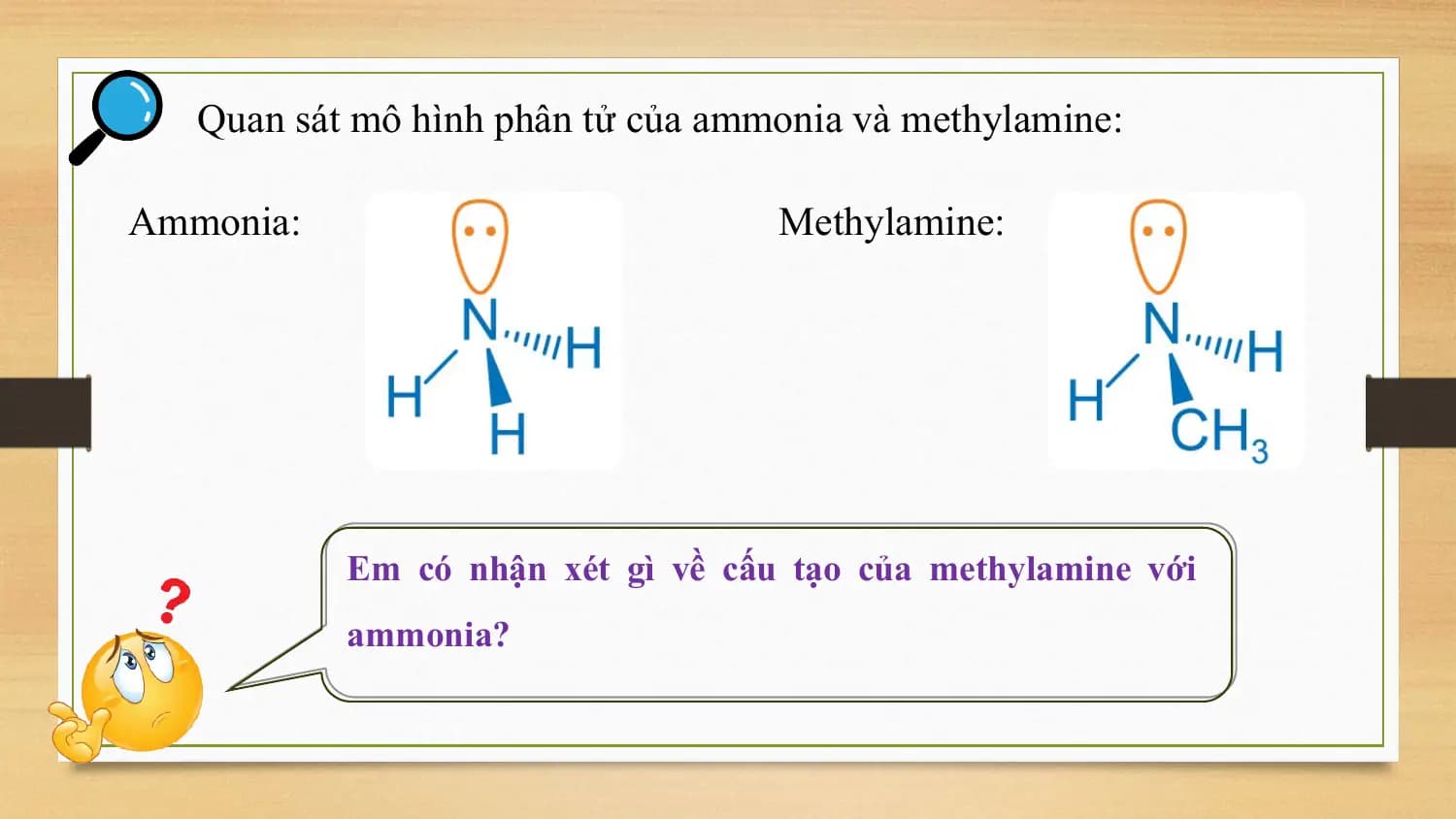 Quan sát mô hình phân tử của ammonia và methylamine:

Ammonia: Methylamine:

 Em có nhận xét gì về cấu tạo của methylamine với
 ammonia?
