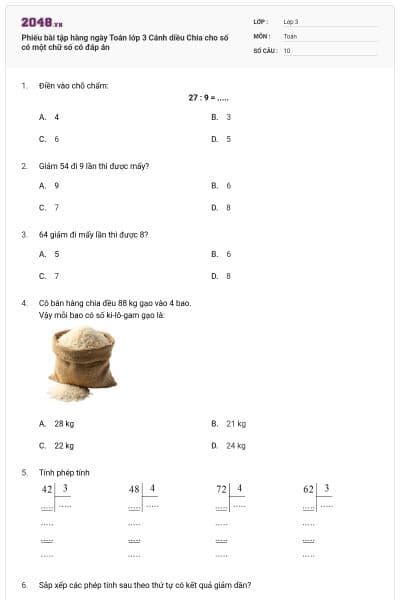 Phiếu bài tập hàng ngày Toán lớp 3 Cánh diều Chia cho số có một chữ số có đáp án