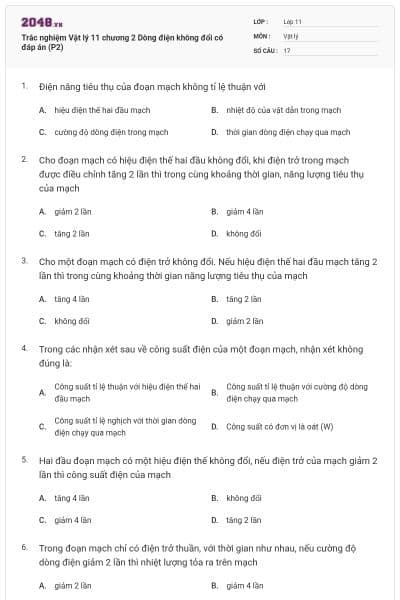 Trắc nghiệm Vật lý 11 chương 2 Dòng điện không đổi có đáp án (P2)