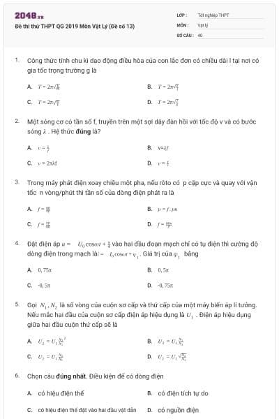 Đề thi thử THPT QG 2019 Môn Vật Lý (Đề số 13)