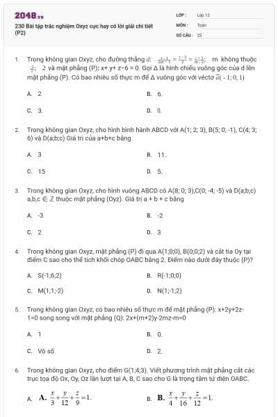230 Bài tập trắc nghiệm Oxyz cực hay có lời giải chi tiết (P2)