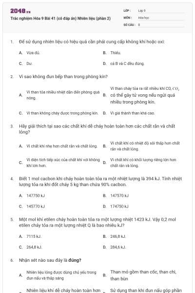 Trắc nghiệm Hóa 9 Bài 41 (có đáp án) Nhiên liệu (phần 2)