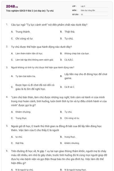 Trắc nghiệm GDCD 9 Bài 2 (có đáp án): Tự chủ