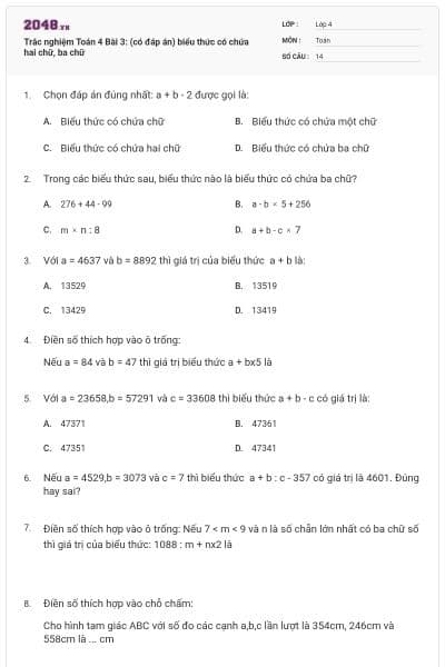 Trắc nghiệm Toán 4 Bài 3: (có đáp án) biểu thức có chứa hai chữ, ba chữ