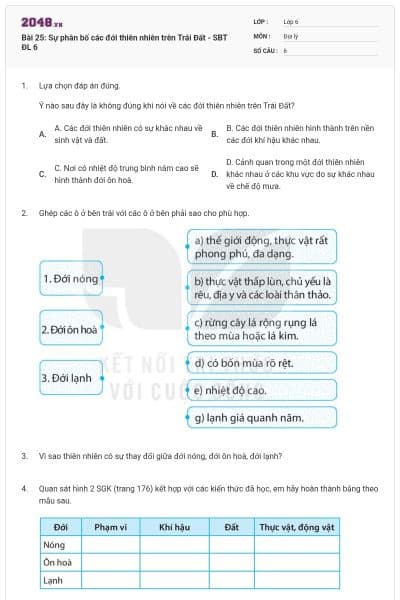 Bài 25: Sự phân bố các đới thiên nhiên trên Trái Đất - SBT ĐL 6
