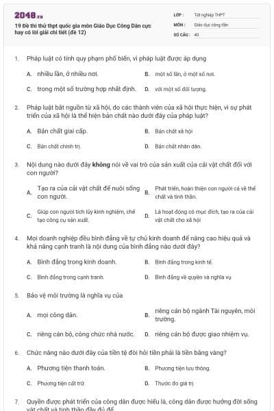 19 Đề thi thử thpt quốc gia môn Giáo Dục Công Dân cực hay có lời giải chi tiết (đề 12)