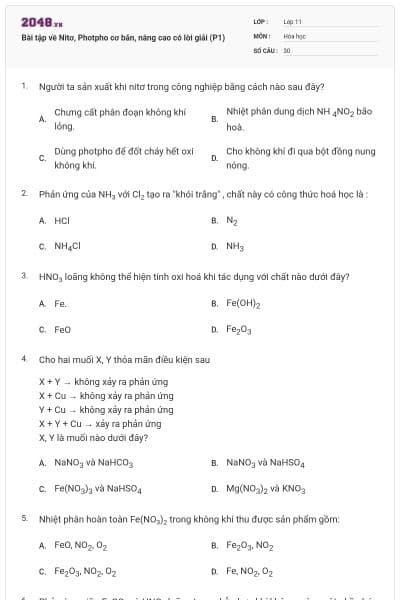 Bài tập về Nitơ, Photpho cơ bản, nâng cao có lời giải (P1)