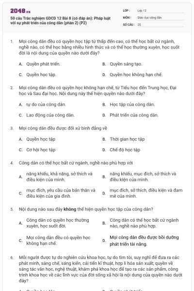 50 câu Trắc nghiệm GDCD 12 Bài 8 (có đáp án): Pháp luật với sự phát triển của công dân (phần 2) (P2)
