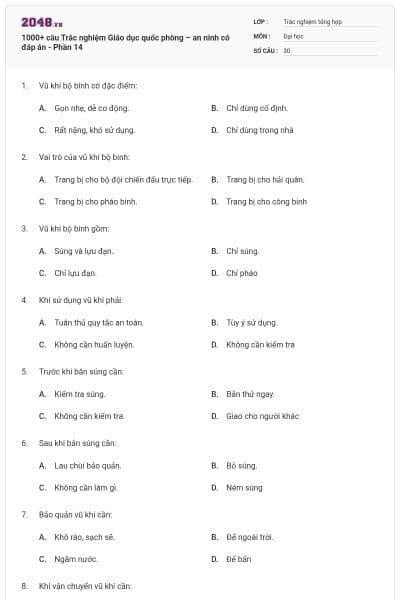1000+ câu Trắc nghiệm Giáo dục quốc phòng – an ninh có đáp án - Phần 14