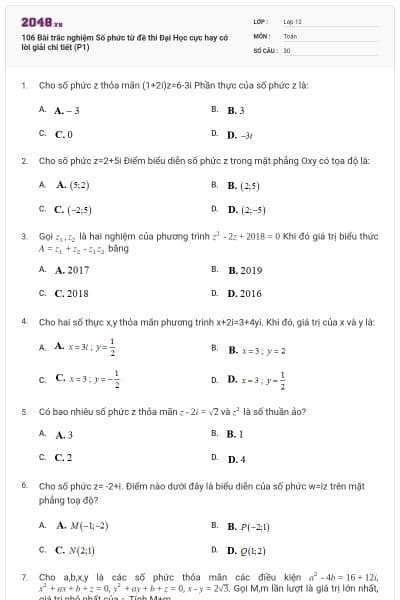 106 Bài trắc nghiệm Số phức từ đề thi Đại Học cực hay cớ lời giải chi tiết (P1)