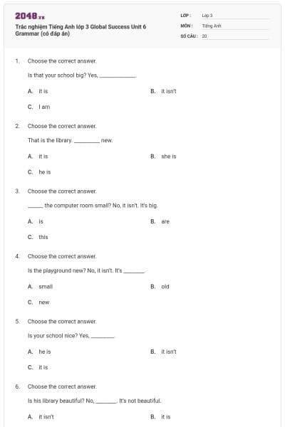 Trắc nghiệm Tiếng Anh lớp 3 Global Success Unit 6 Grammar (có đáp án)
