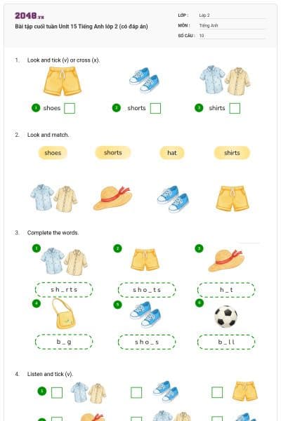 Bài tập cuối tuần Unit 15 Tiếng Anh lớp 2 (có đáp án)