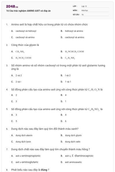 16 Câu trắc nghiệm AMINO AXIT có đáp án