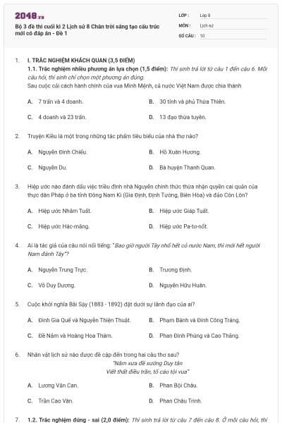 Bộ 3 đề thi cuối kì 2 Lịch sử 8 Chân trời sáng tạo cấu trúc mới có đáp án - Đề 1