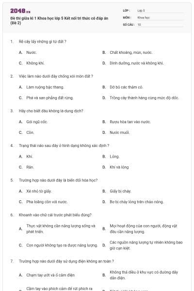 Đề thi giữa kì 1 Khoa học lớp 5 Kết nối tri thức có đáp án (Đề 2)