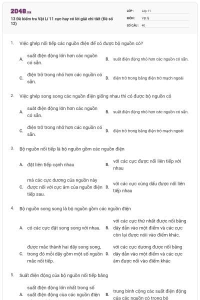 13 Đề kiểm tra Vật Lí 11 cực hay có lời giải chi tiết (Đề số 12)