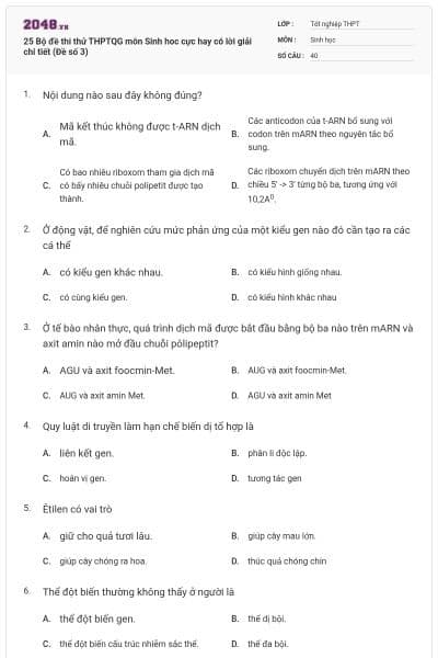 25 Bộ đề thi thử THPTQG môn Sinh hoc cực hay có lời giải chi tiết (Đề số 3)