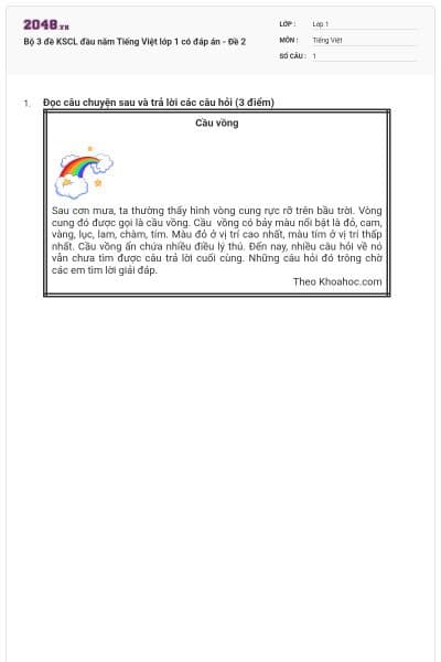 Bộ 3 đề KSCL đầu năm Tiếng Việt lớp 1 có đáp án - Đề 2