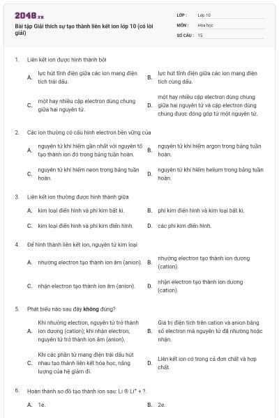 Bài tập Giải thích sự tạo thành liên kết ion lớp 10 (có lời giải)