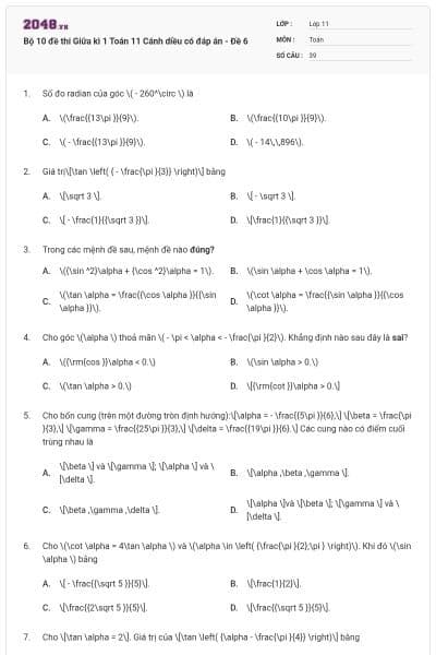 Bộ 10 đề thi Giữa kì 1 Toán 11 Cánh diều có đáp án - Đề 6