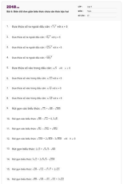 Bài 6: Biến đổi đơn giản biểu thức chứa căn thức bậc hai