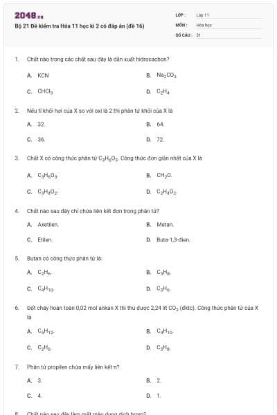 Bộ 21 Đề kiểm tra Hóa 11 học kì 2 có đáp án (đề 16)