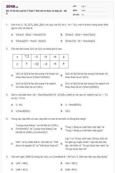 Bộ 10 đề thi cuối kì 2 Toán 7 Kết nối tri thức có đáp án - Đề 9