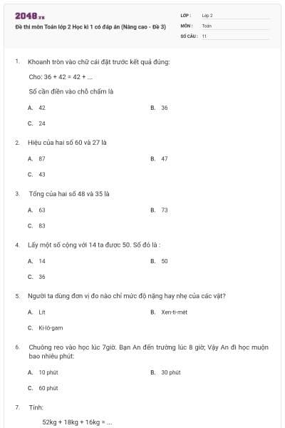 Đề thi môn Toán lớp 2 Học kì 1 có đáp án (Nâng cao - Đề 3)