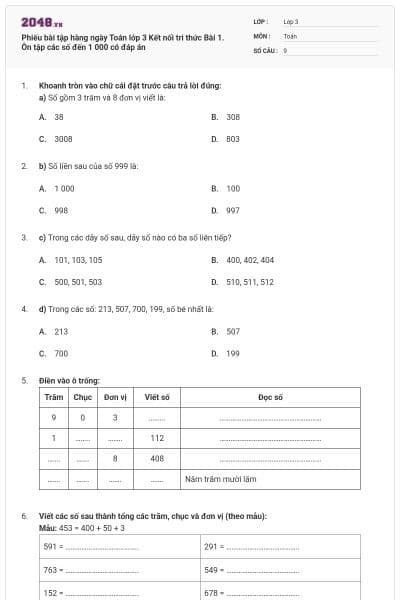 Phiếu bài tập hàng ngày Toán lớp 3 Kết nối tri thức Bài 1. Ôn tập các số đến 1 000 có đáp án