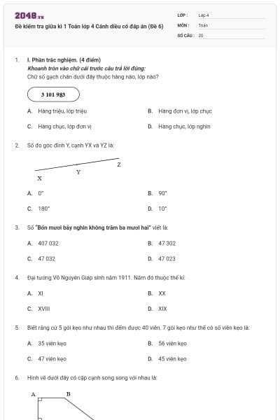 Đề kiểm tra giữa kì 1 Toán lớp 4 Cánh diều có đáp án (Đề 6)