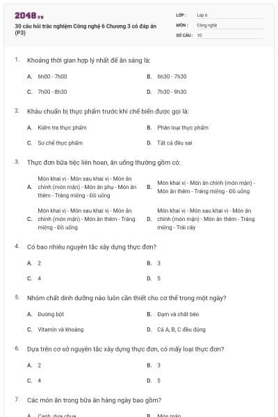 30 câu hỏi trắc nghiệm Công nghệ 6 Chương 3 có đáp án (P3)