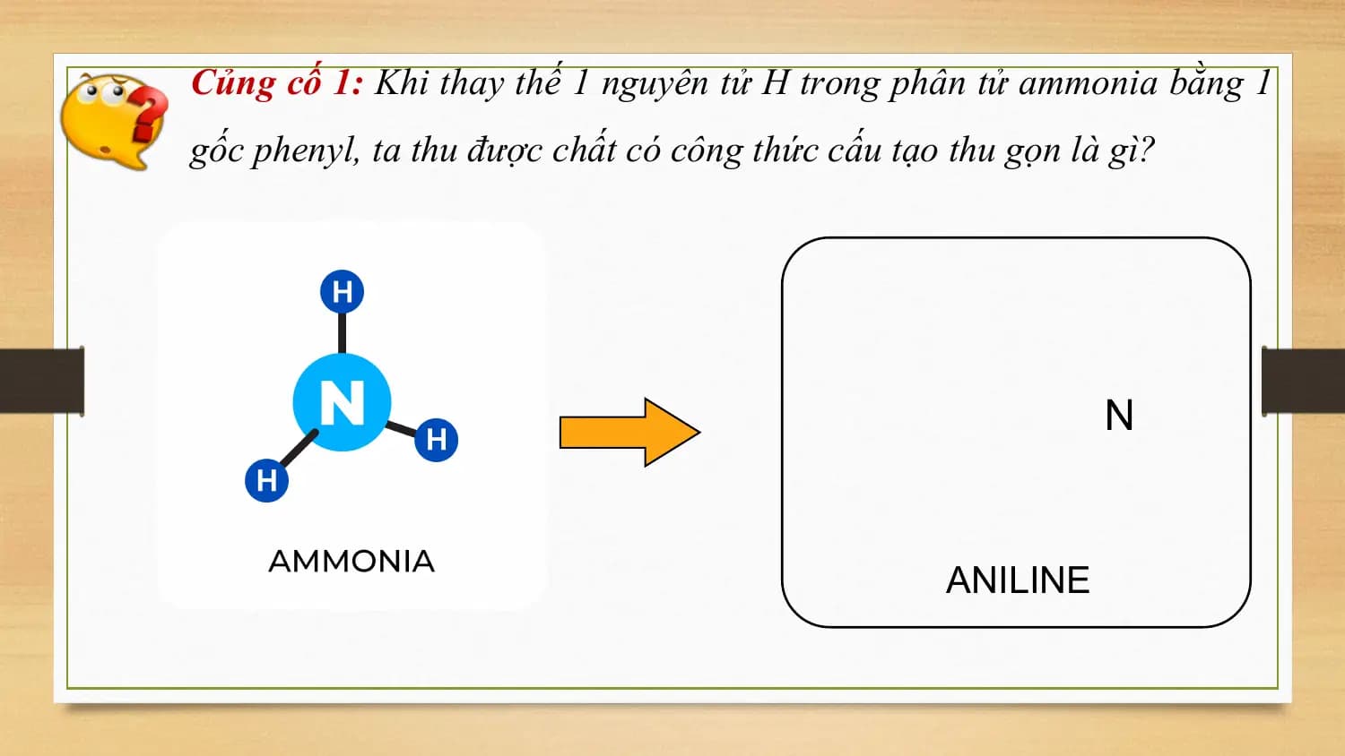 Củng cố 1: Khi thay thế 1 nguyên tử H trong phân tử ammonia bằng 1
gốc phenyl, ta thu được chất có công thức cấu tạo thu gọn là gì?

 ANILINE