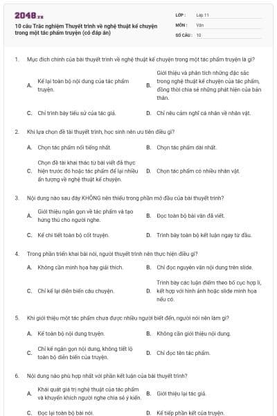 10 câu Trắc nghiệm Thuyết trình về nghệ thuật kể chuyện trong một tác phẩm truyện (có đáp án)
