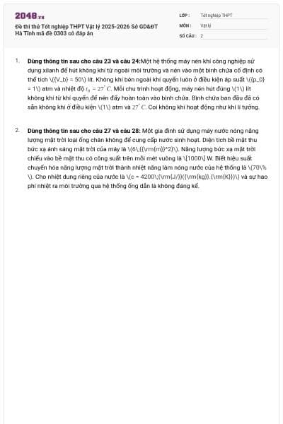Đề thi thử Tốt nghiệp THPT Vật lý 2025-2026 Sở GD&ĐT Hà Tĩnh mã đề 0303 có đáp án