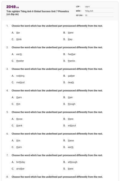 Trắc nghiệm Tiếng Anh 6 Global Success Unit 7 Phonetics (có đáp án)