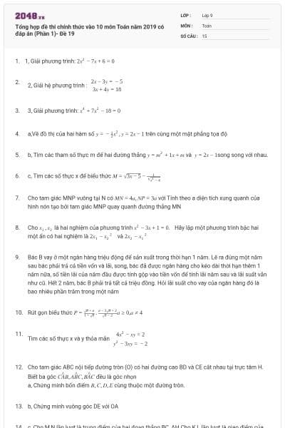 Tổng hợp đề thi chính thức vào 10 môn Toán năm 2019 có đáp án (Phần 1)- Đề 19