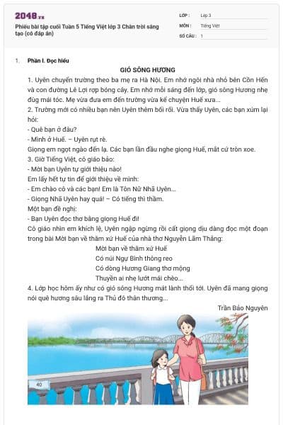 Phiếu bài tập cuối Tuần 5 Tiếng Việt lớp 3 Chân trời sáng tạo (có đáp án)