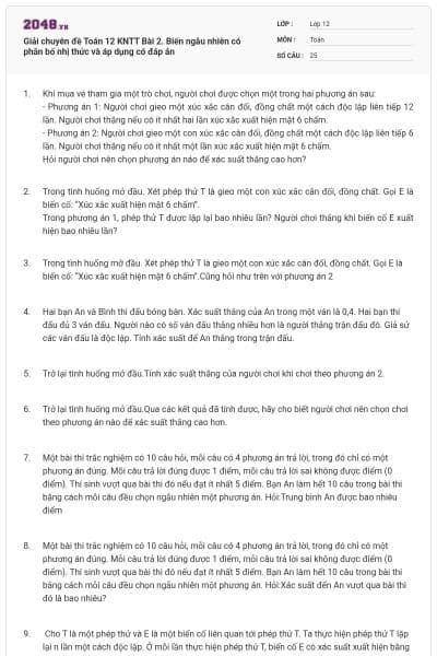 Giải chuyên đề Toán 12 KNTT Bài 2. Biến ngẫu nhiên có phân bố nhị thức và áp dụng có đáp án
