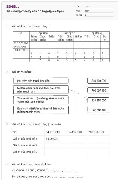 Giải vở bài tập Toán lớp 4 Bài 12. Luyện tập có đáp án