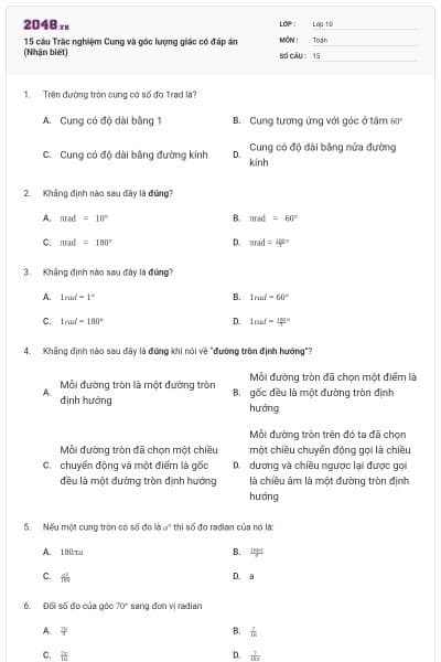 15 câu Trắc nghiệm Cung và góc lượng giác có đáp án (Nhận biết)