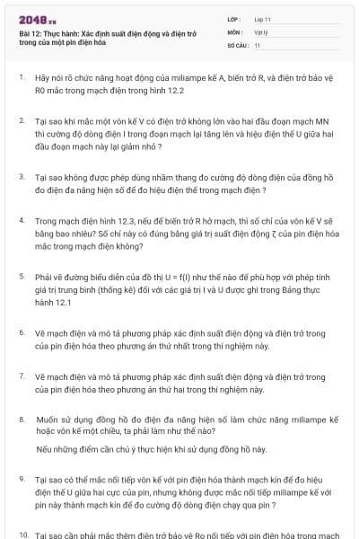 Bài 12: Thực hành: Xác định suất điện động và điện trở trong của một pin điện hóa