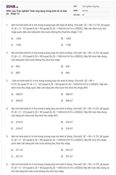 500+ câu Trắc nghiệm Toán ứng dụng trong kinh tế có đáp án - Phần 13