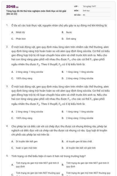 Tổng hợp đề thi thử trắc nghiệm môn Sinh Học có lời giải (Đề số 23)