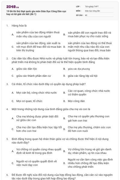 19 Đề thi thử thpt quốc gia môn Giáo Dục Công Dân cực hay có lời giải chi tiết (đề 1)