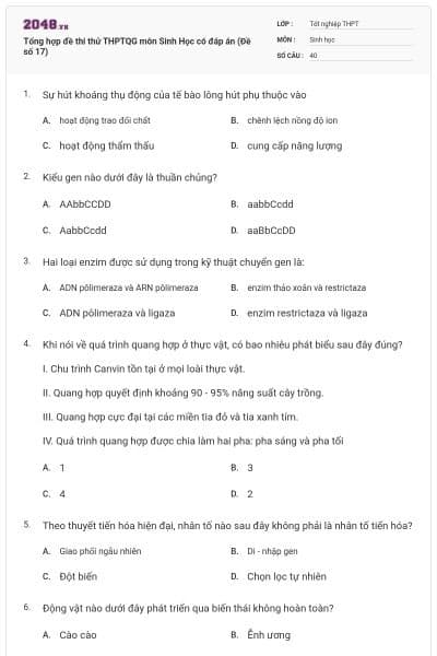 Tổng hợp đề thi thử THPTQG môn Sinh Học có đáp án (Đề số 17)